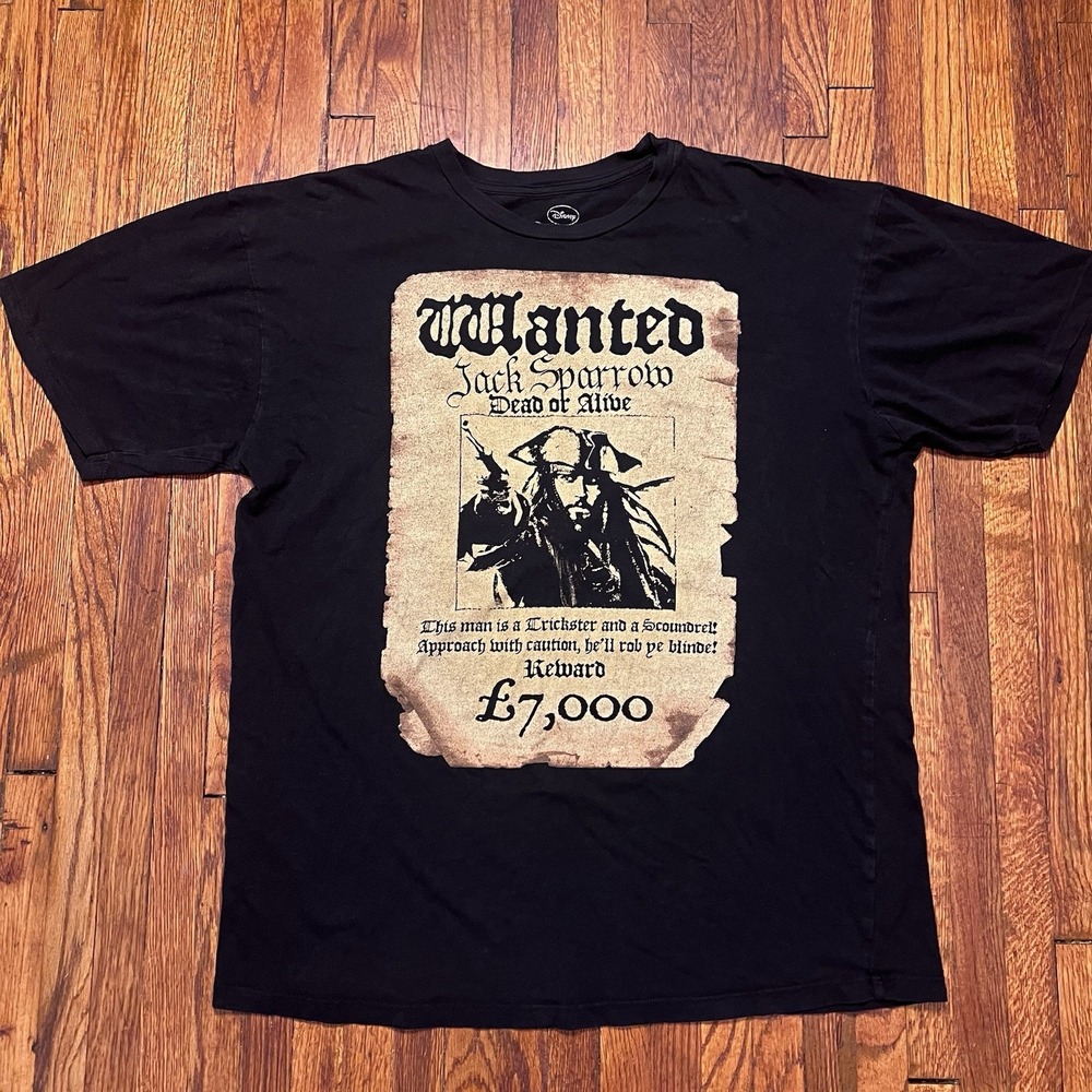 Jack Sparrow Wanted T Shirt Size XL Disney Black Cotton Preowned Pirates